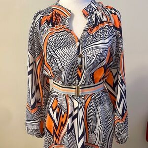 Tracy Negoshian Geo Print Dress With Elastic Waist Orange And Blue Sz Small